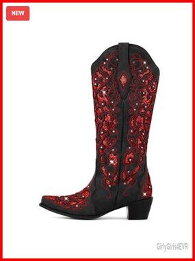 Handmade Rhinestone Cowboy Mid-Calf Boots Women Chunky Heel Leather
